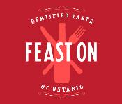 Feast On Logo with red background and white type